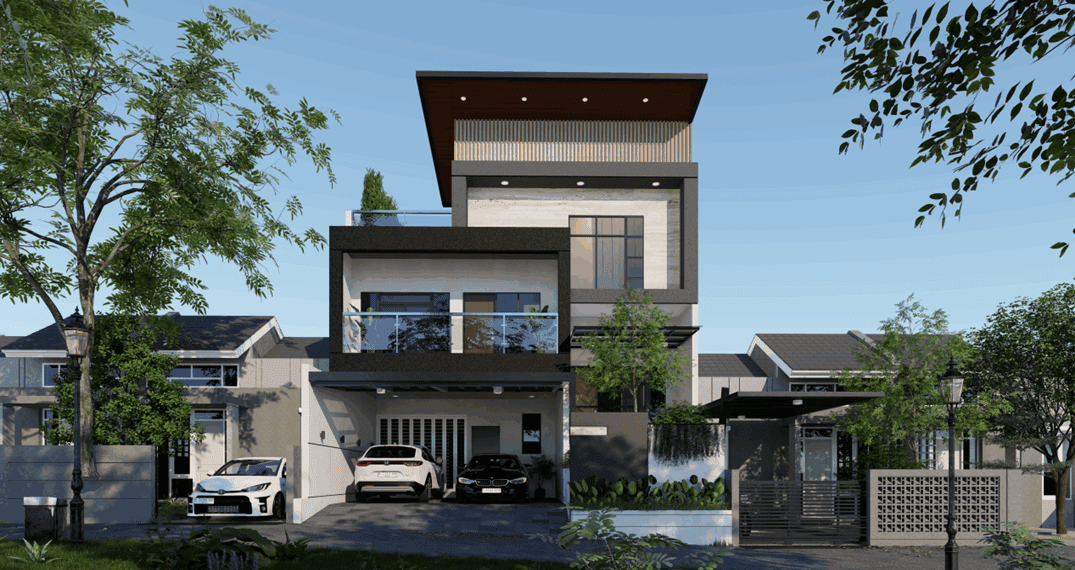 Estimasi budget bangun rumah 2 lantai modern minimalis tampak depan