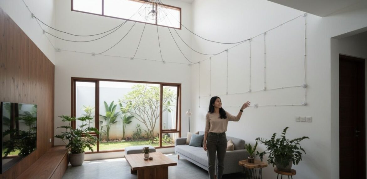 Ruang keluarga minimalis dengan cat dinding warna sand beige dan aksen dekorasi emas untuk Lebaran 2026.