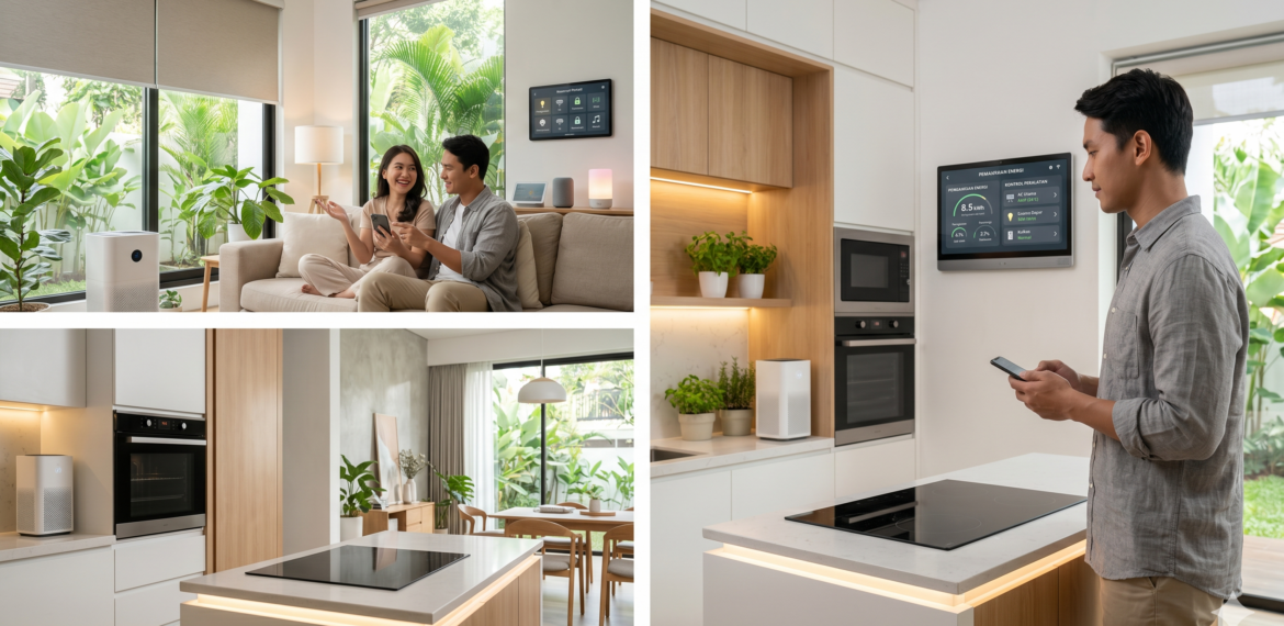 Ruang tamu rumah minimalis modern dengan sistem pencahayaan pintar berbasis IoT