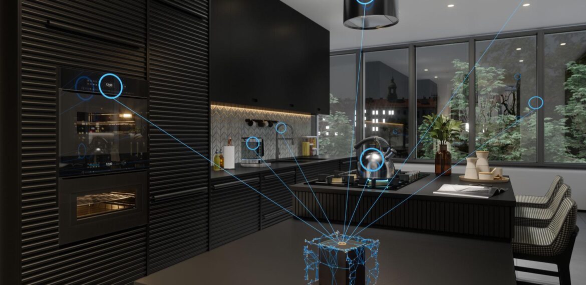 Teknologi Smart Kitchen pada dapur modern minimalis dengan perangkat pintar terintegrasi.