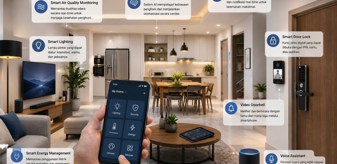 Ilustrasi rumah modern dengan teknologi smart home, sistem keamanan pintar, dan kontrol otomatis berbasis AI.