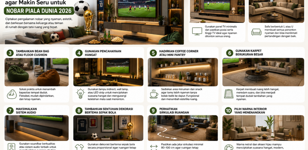 Dekorasi ruang keluarga modern untuk nobar Piala Dunia 2026 dengan sofa minimalis, TV layar besar, dan pencahayaan hangat.